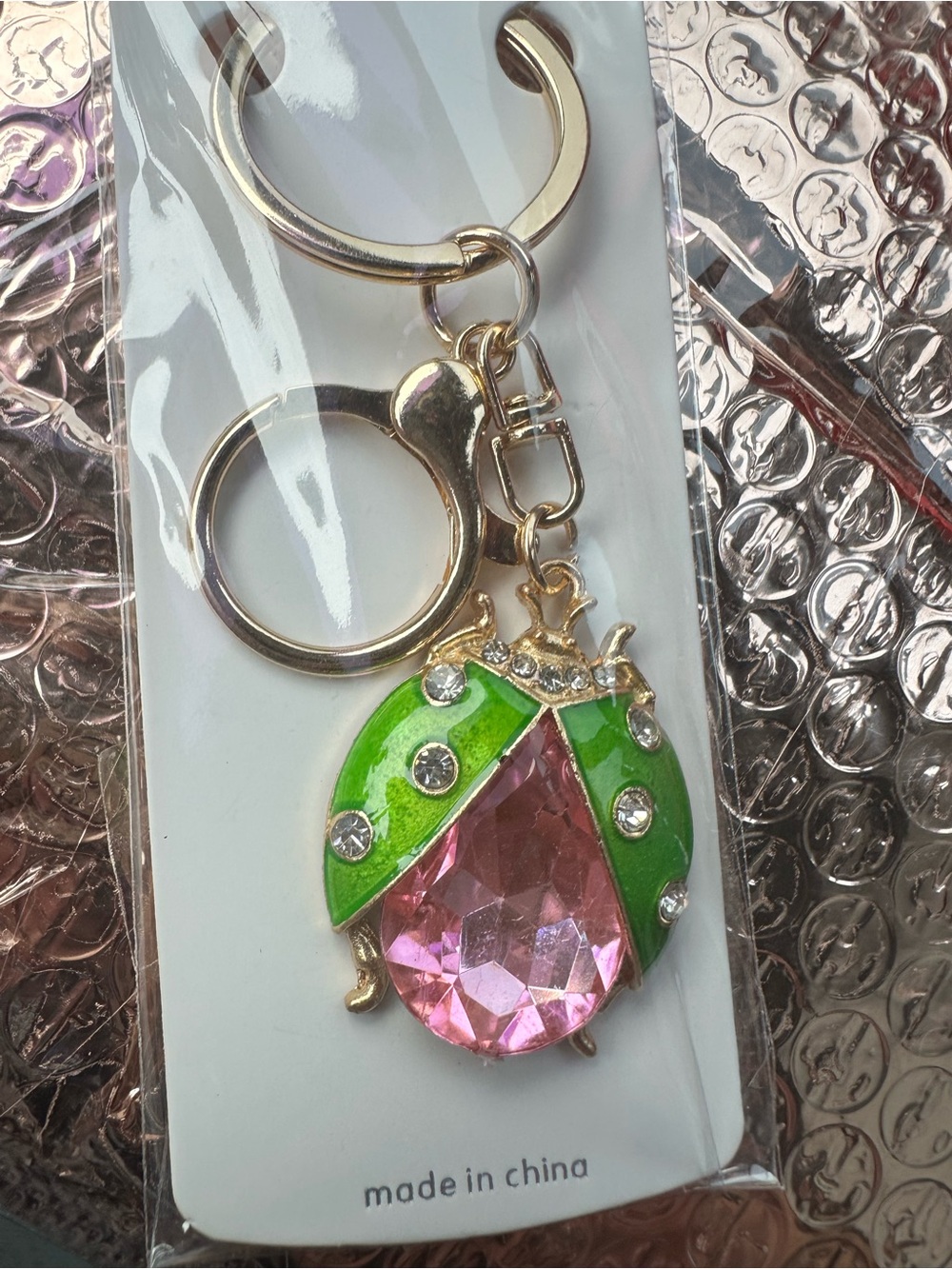 Pink Crystal Ladybug Key & Card Holder Charm - Gold Tone